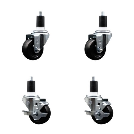Service Caster 3'' SS Soft Rubber Wheel Swivel 1-1/2'' Expanding Stem Caster Set 2 Brakes, 4PK SCC-SSEX20S314-SRS-2-TLB-2-112